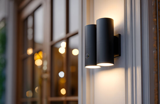 Outdoor wall lamp fixture with dual cylinder design emitting warm light against blurred architectural background for luxury home exterior lighting