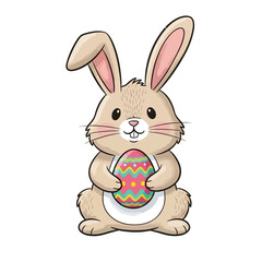 Obraz premium Cute Easter bunny holding colorful eggs in a fun spring cartoon illustration