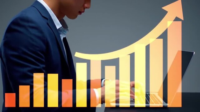 Business Growth Visualization with Colorful Bar Chart Video. Professional Typing with Growth Graph Overlay Video. Financial Success and Upward Trend Analysis Video.