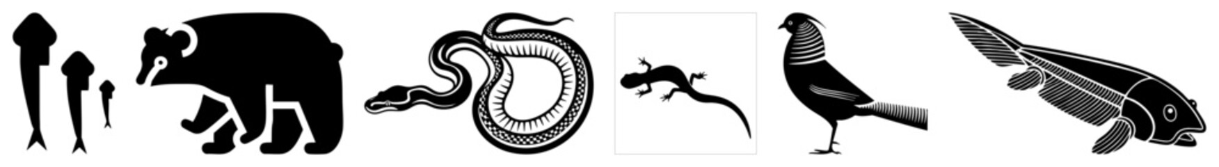 Obraz premium Animal including squid, bear, snake, lizard, bird, fish, stylized vector art, isolated shapes, flat design, graphic.