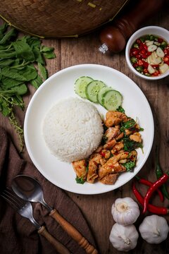 Thai Stir-Fried Basil Chicken (Pad Krapow Gai) served with Jasmine Rice