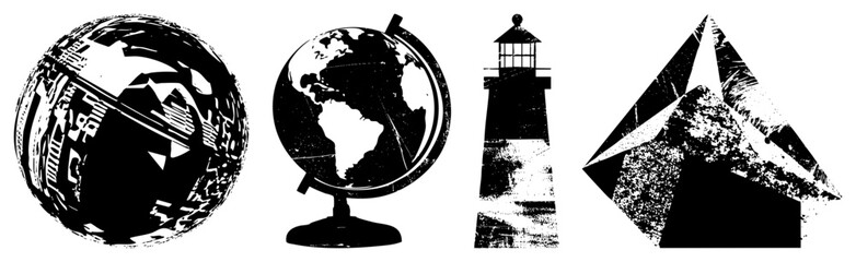 Fototapeta premium Globe, lighthouse, compass rose, and world map set, vector graphics, travel and navigation symbols, stylized global.