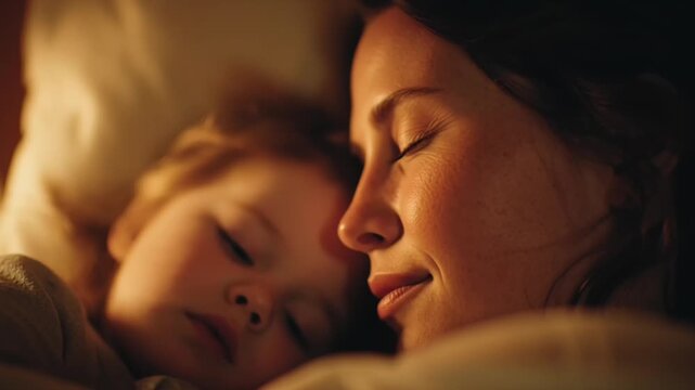 A heartwarming video of a mother and child sleeping peacefully together in a cozy bed