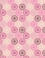 Seamless geometric floral pattern with circular flower shapes in pink tones. Retro modern design ideal for fabric, wallpaper, packaging, and mid-century style projects.