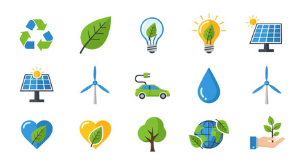 Vector set of ecology icons featuring green nature symbols like earth water and leaf elements for sustainable business logo design and eco web illustrations
