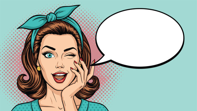 Beautiful woman in pop art style winking and smiling next to a large blank white speech bubble for your custom text.