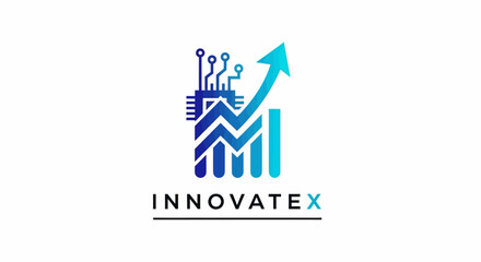 An abstract business logo design featuring a company symbol and vector icon with a success graph arrow and house building illustration to represent a web internet money concept