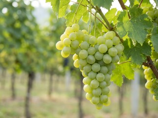 Fototapeta premium Sunlit cluster of organic green grapes ripening on vine in lush vineyard