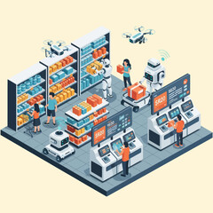 Obraz premium Futuristic Automated Warehouse with Robots and Workers.