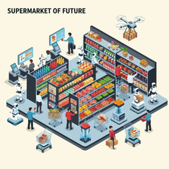 Futuristic Supermarket with Robots and People Shopping.