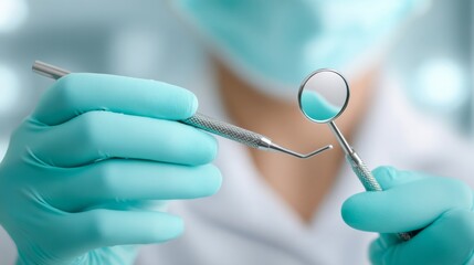 Professional dentist holding dental mirror and probe, close-up hands, sterile aesthetic, white and turquoise color palette