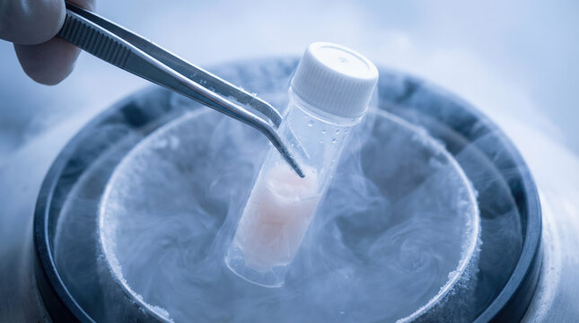 Tweezers lifting a cold vial containing a frozen embryo from cryogenic storage vapor in a sterile laboratory.