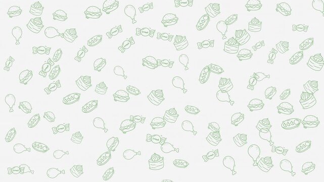 Food doodle art pattern with chicken burgers cake candy. Suitable for food blogs, recipe websites, restaurant menus, and cooking videos.