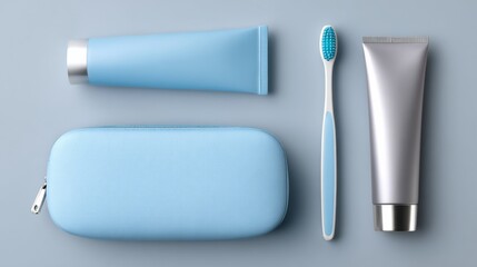 Travel dental care kit neatly arranged, toothbrush case and toothpaste, daily routine on the go, clean minimal background