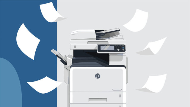 Modern office photocopier or printer machine with several blank white sheets of paper flying in the air around it.