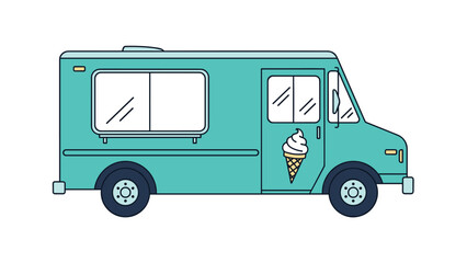 Classic turquoise ice cream truck illustration with a cone logo and sliding serving window isolated on a plain white background.