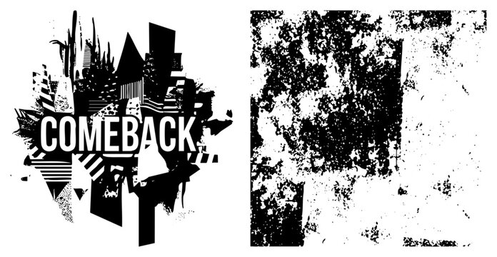 Stylized wordmark "Comeback" centered over fragmented cityscape, halftone and geometric, urban revival theme, graphic design element, bold typography.