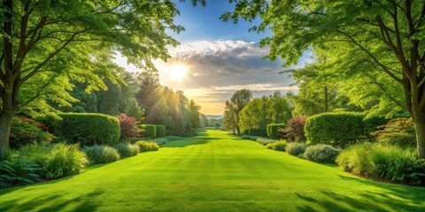 Obraz premium Serene Sunset Vista Across a Lush, Expansive Lawn with Vibrant Greenery and Well-Maintained Hedges