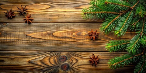 Rustic Wooden Surface Decorated with Evergreen Branches and Aromatic Star Anise Spices
