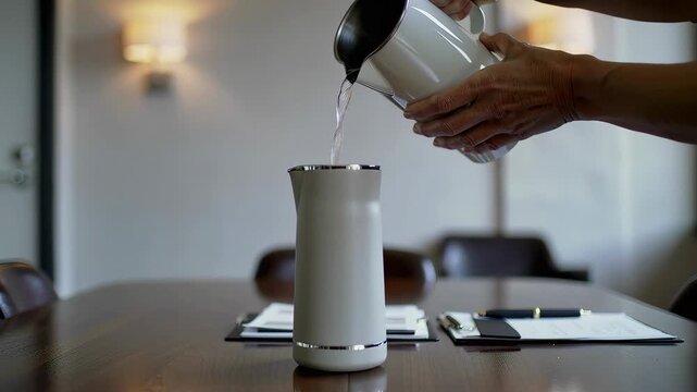 Hand pours hot water from sleek electric kettle into ceramic thermos, ritual grounding mind before deep work session ritual repeated daily for focus and calm ritual transforming mundane act into pause