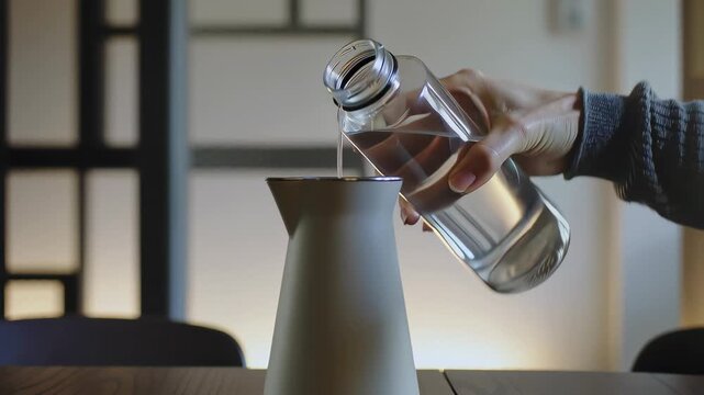 Clear water flows from glass bottle into matte ceramic pot, clarity reflected in transparent liquid and uncluttered space, clarity supporting mental focus decision-making, clarity mindful daily habits
