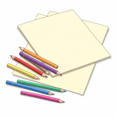 Blank paper sheets with colored pencils for sketching and creativity flat vector