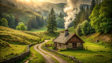 Serene Stone Cottage on Winding Country Lane Amidst Verdant Hills and Misty Morning