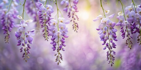 Serene Purple Clusters of Delicate Wisteria Blossoms Hanging Gracefully in Soft Light