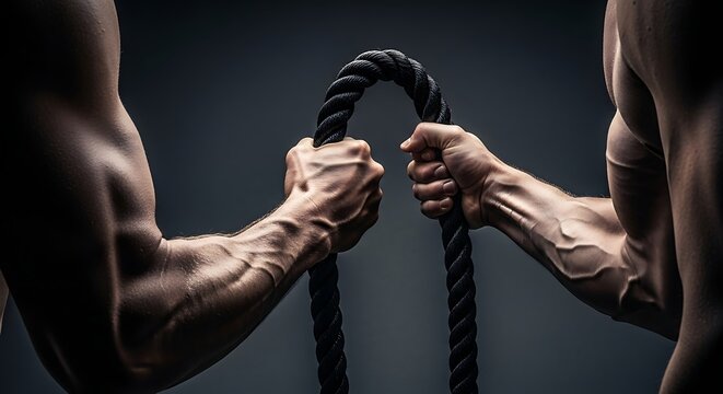 Muscular arms of two men pulling on a thick black rope in a dark room with dramatic lighting effects