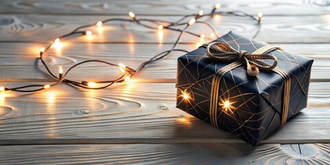 A luxuriously wrapped present adorned with a golden ribbon rests on a rustic wooden surface, gently illuminated by a string of warm fairy lights.