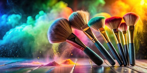 Vibrant Makeup Brushes Suspended in a Cloud of Colorful Powder on a Dark Wooden Surface