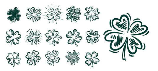 Saint Patricks Day, Green Clover set on white, hand drawn illustrations.	
