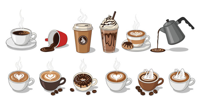 Coffee drinks collection vector illustration, espresso latte cappuccino takeaway cup set, cafe beverage icons steaming hot drink menu