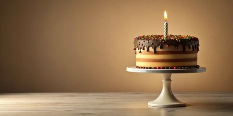 A delectable layered chocolate cake, adorned with colorful sprinkles and a single lit candle, rests elegantly on a white cake stand, creating a festive and celebratory mood.