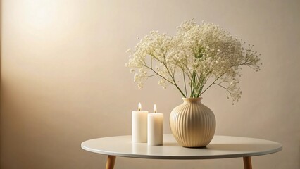 Serene Minimalist Still Life  Candles and Delicate White Flowers in a Modern Vase on a Simple Table