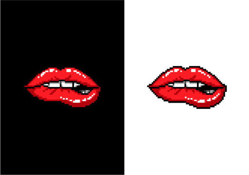 Pixel-art red lips appear in two panels &mdash; one against black, one against white &mdash; rendered in bold, retro 8-bit style with glossy highlights and visible teeth.