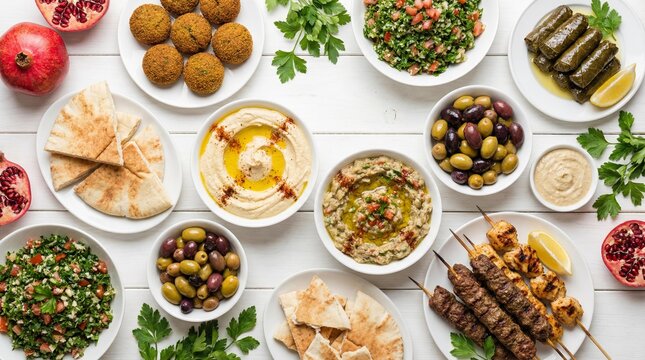 Traditional Lebanese appetizers including grilled kebabs hummus and tabouli on rustic wood