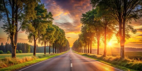 Golden Hour Roadway A Serene Summer Sunset Drive Through a Lush Tree-Lined Path
