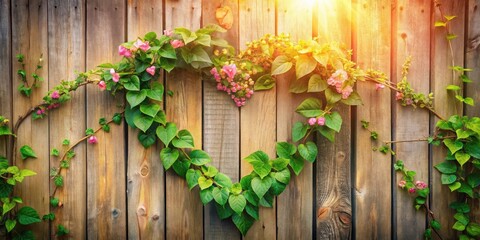Heart-Shaped Vine and Blossoms on Rustic Wooden Fence, a Symbol of Nature's Beauty and Summer's Warmth