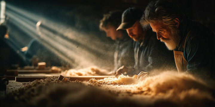 Adults immersed in woodworking craftsmanship at a cozy night class