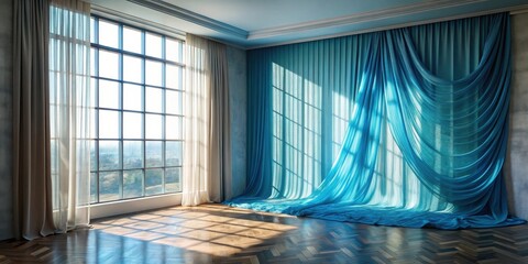 Sunlit Room with Flowing Teal Drapes and Sheer Curtains on Large Window