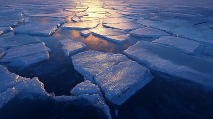 A vast expanse of fractured ice floats on dark water, bathed in the warm glow of a setting or rising sun. The light reflects beautifully