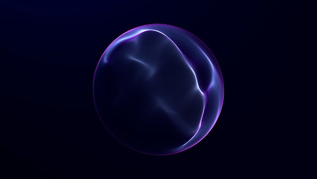 Abstract energy orb with navy blue and purple dispersed flowing light on dark background. Futuristic digital sphere with dynamic motion feel, soft depth and atmospheric glow.