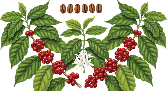 coffee plant botanical illustration, coffee cherries beans leaves and flower collection, realistic vector isolated background for agriculture design