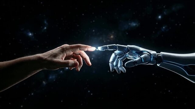 Human and Robot Hands Reaching Toward Each Other in Futuristic Concept