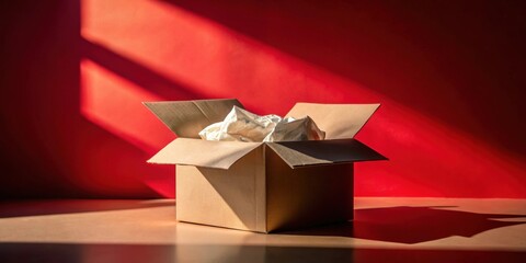 Open cardboard box filled with crumpled white packing paper, bathed in dramatic sunlight against a vibrant red backdrop.