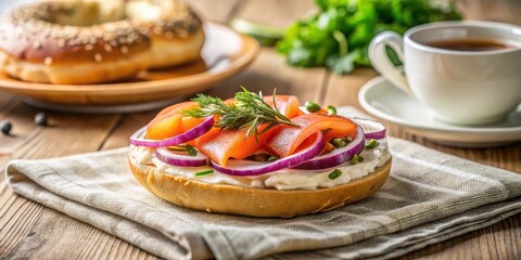 A delectable bagel topped with creamy cheese, savory smoked salmon, vibrant red onion slices, and fresh herbs, served alongside a steaming cup of tea on a rustic wooden table