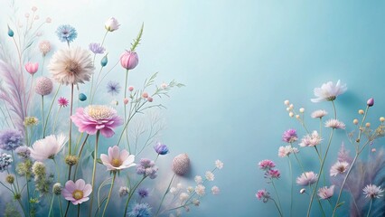 Pastel Floral Arrangement on Light Blue Background A Delicate and Serene Springtime Botanical Composition Featuring Soft Hues and Varied Flower Types