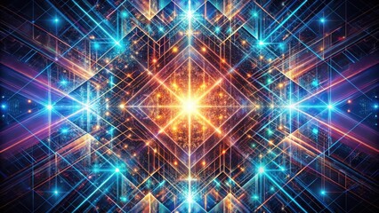 Abstract Luminescent Geometric Network A vibrant display of interconnected lines and radiant energy, forming a complex, symmetrical pattern with a central glowing core.