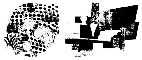 Obraz premium Stylized black and white graphic with halftone dots, fragmented shapes, and stark contrast, evoking modernist art, digital glitch, or graphic design element.